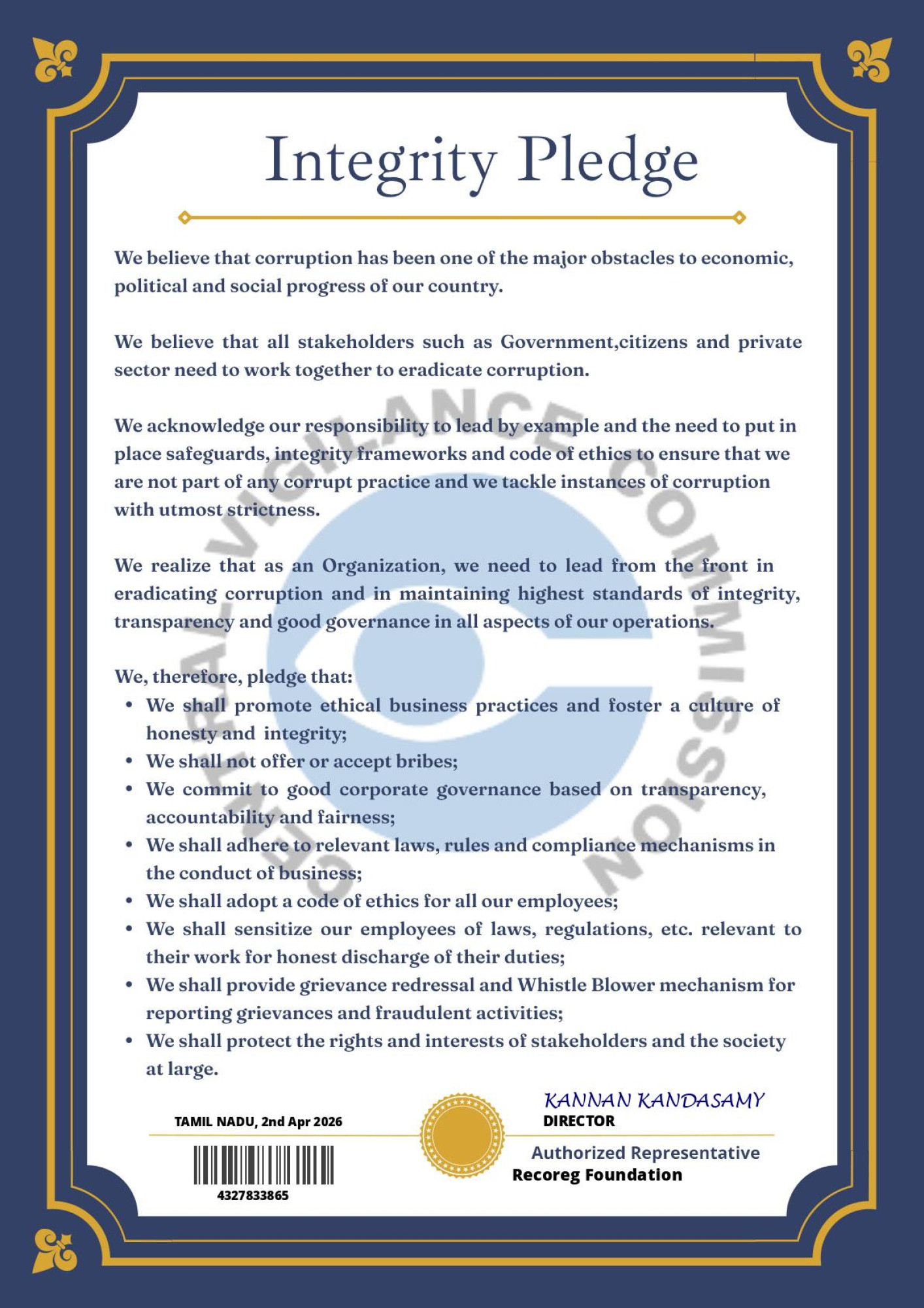 CENTRAL VIGILANCE COMMISSION certificate